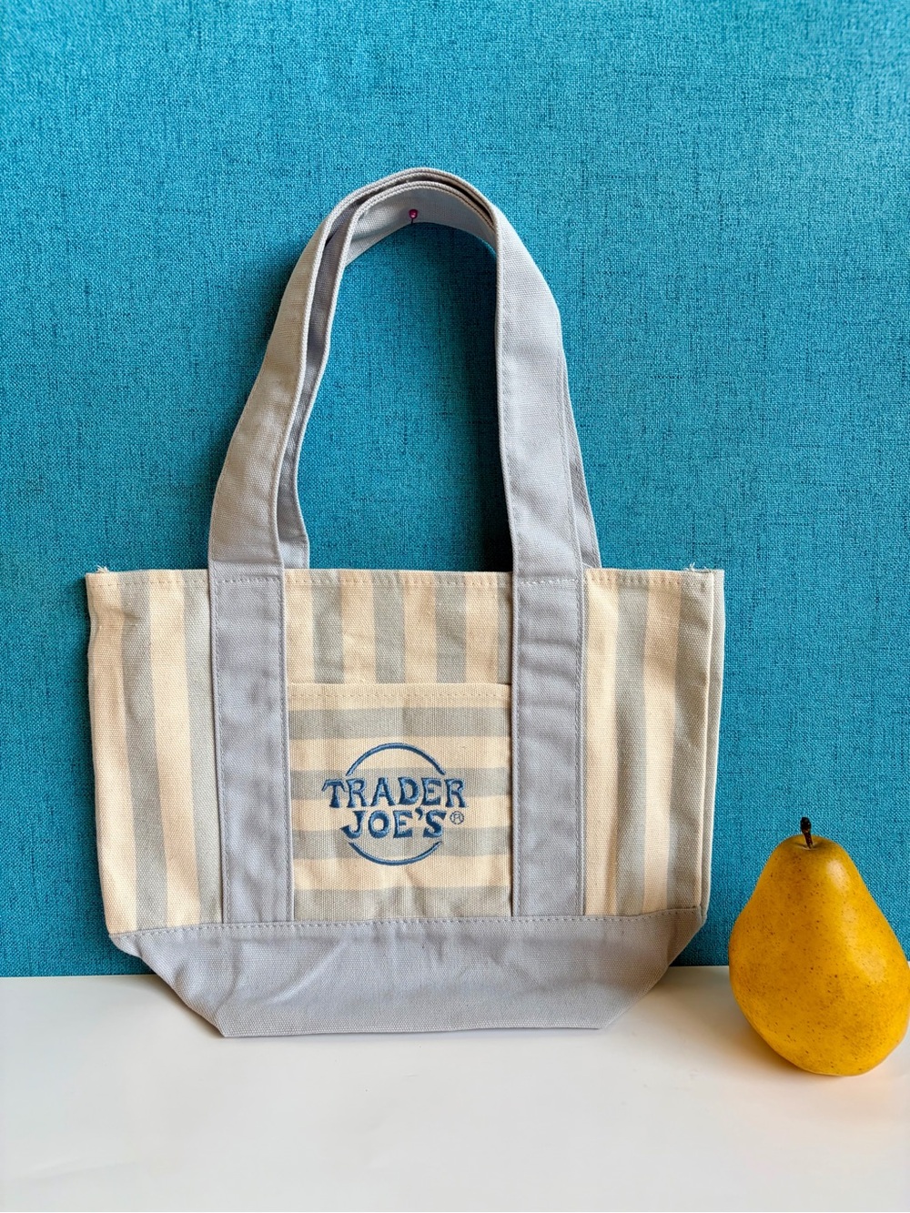 Trader Joe's Blue & Cream Striped Canvas Tote Bag